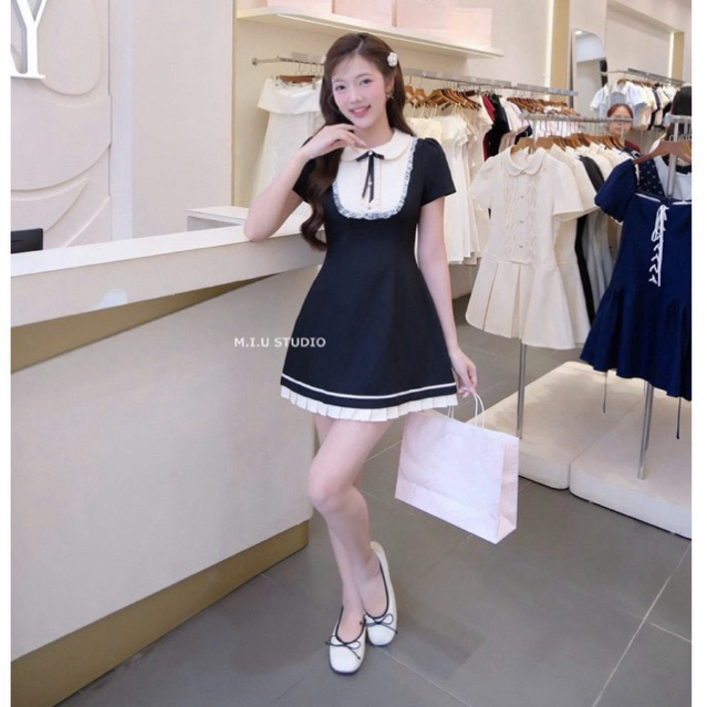 Váy nữ thiết kế cổ sen phối ren bèo đính nơ cao cấp , Đầm ngắn xoè cộc tay phối viền trắng dập ly tiểu thư sang chảnh