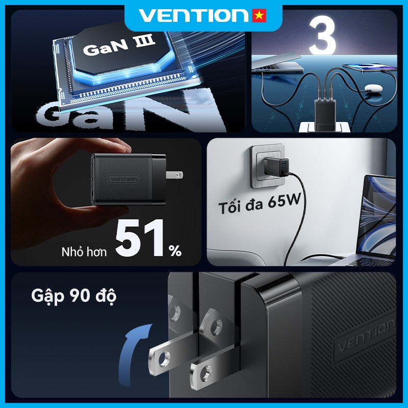 Củ Sạc GaN 65W Vention, Tích Hợp PD 3.0, QC 4.0 Nhỏ Gọn, Sạc Nhanh Cho 14/15/16/17, Samsung Máy Tính
