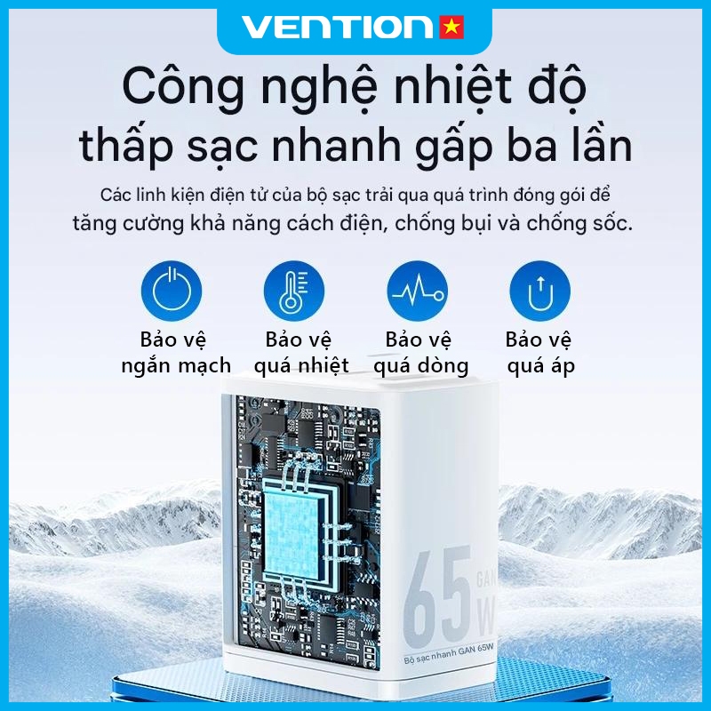 Củ Sạc GaN 65W Vention, Tích Hợp PD 3.0, QC 4.0 Nhỏ Gọn, Sạc Nhanh Cho 14/15/16/17, Samsung Máy Tính