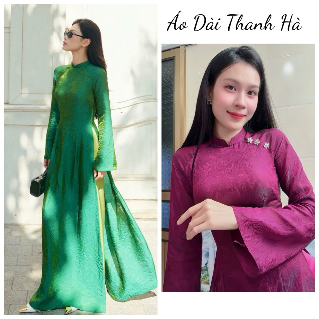 Áo Dài Truyền Thống Vải Tơ Tằm Óng [Vải Tằm Nhăn] Cao Cấp Siêu Mềm,Tay Dài Loe,Kèm Charm Đá, Đủ Màu
