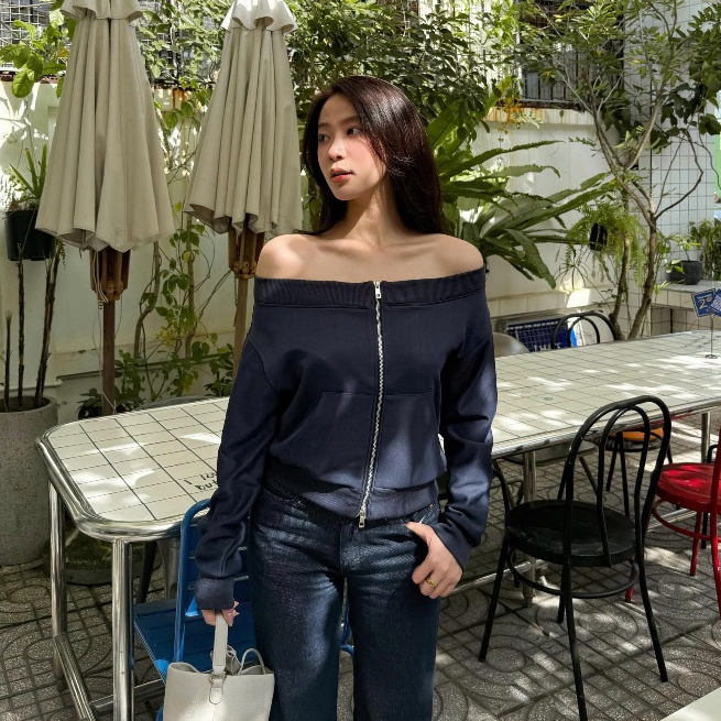 Áo Khoác Nỉ Trễ Vai Kiểu Nữ Dáng Hở Vai Có Khoá Kéo Mùa Thu Đông Kimee - KA638