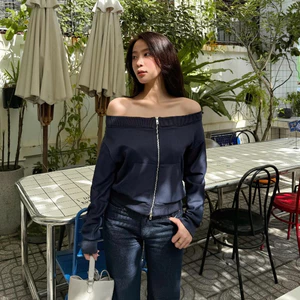 Áo Khoác Nỉ Trễ Vai Kiểu Nữ Dáng Hở Vai Có Khoá Kéo Mùa Thu Đông Kimee - KA638