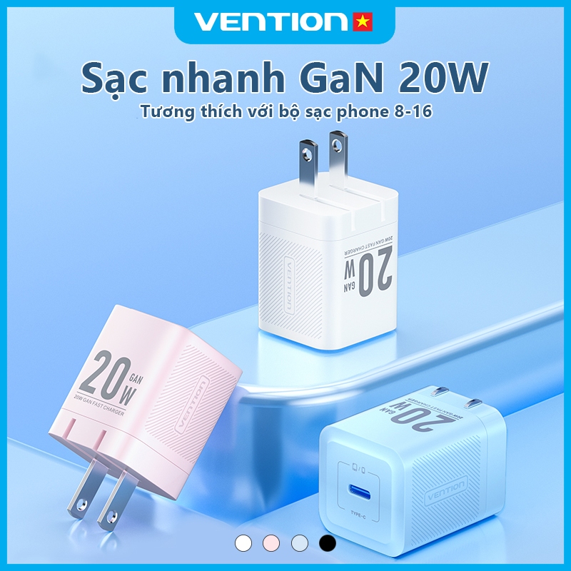 Bộ Sạc Nhanh 20W GaN Vention Hỗ Trợ PD Và QC3.0, Cổng USB-C, Chống Quá Tải Nhiệt, Bền Bỉ An Toàn, Bảo Hành 2 Năm