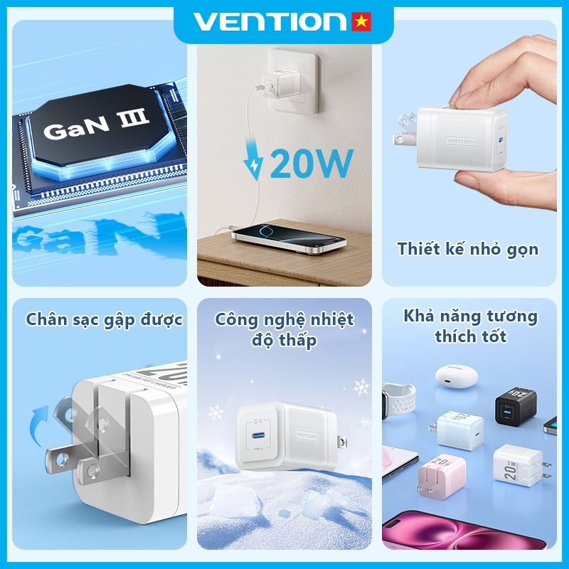 Bộ Sạc Nhanh 20W GaN Vention Hỗ Trợ PD Và QC3.0, Cổng USB-C, Chống Quá Tải Nhiệt, Bền Bỉ An Toàn, Bảo Hành 2 Năm