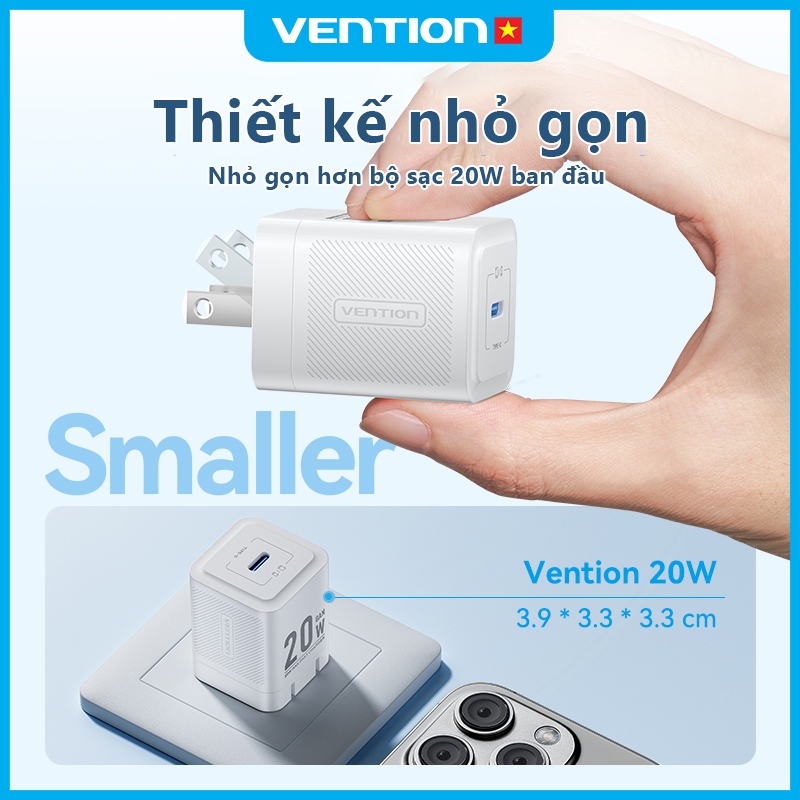 Bộ Sạc Nhanh 20W GaN Vention Hỗ Trợ PD Và QC3.0, Cổng USB-C, Chống Quá Tải Nhiệt, Bền Bỉ An Toàn, Bảo Hành 2 Năm
