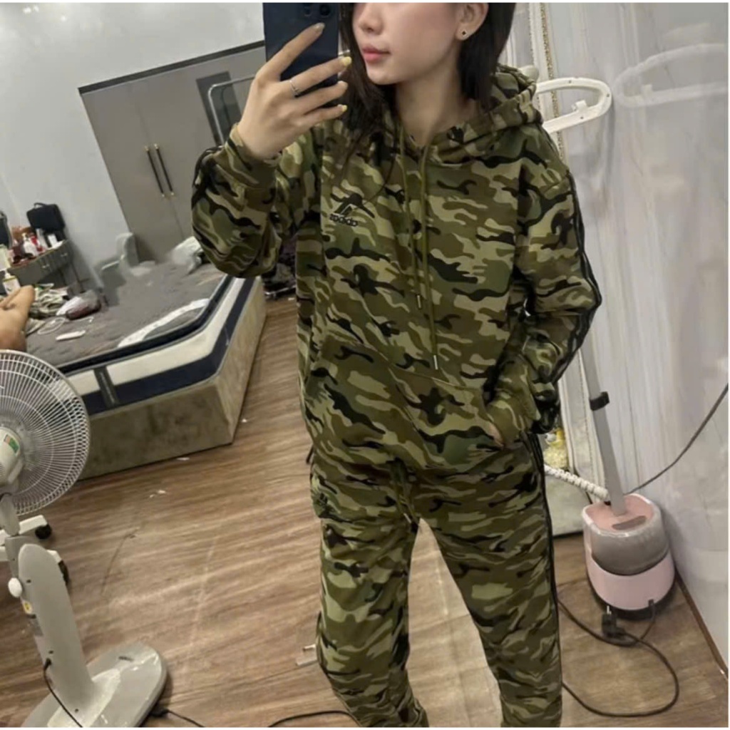 Bộ nỉ nam hoạ tiết camo 3 sọc, set áo hoodie rằn ri và quần jogger thêu ...