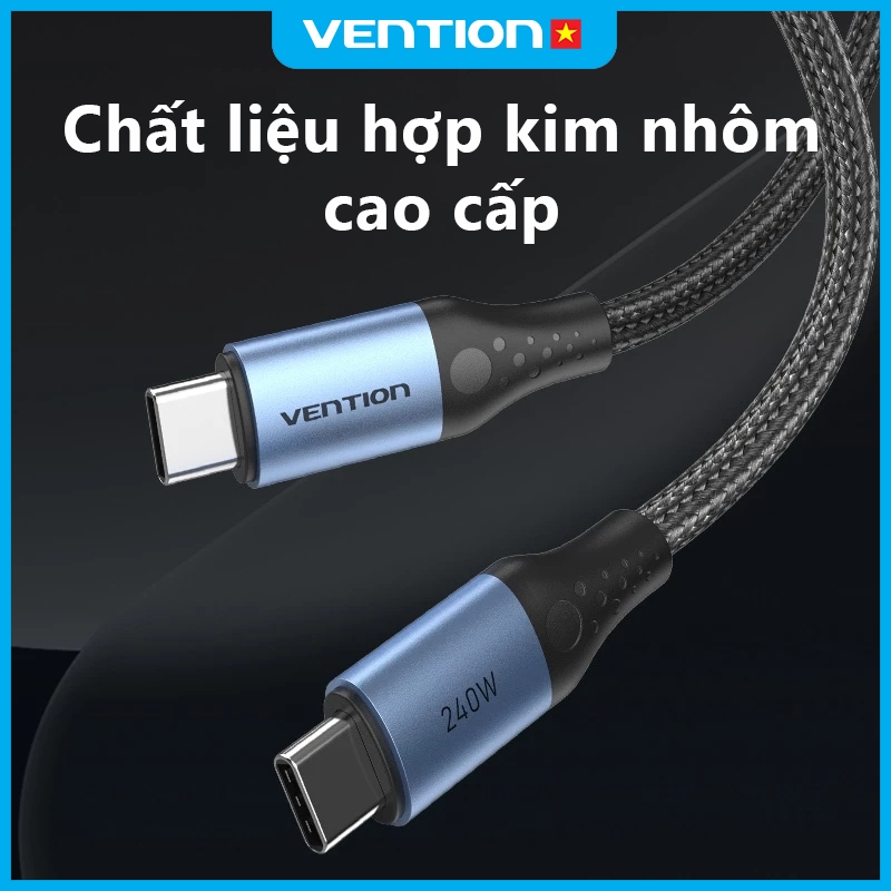 Cáp Sạc Nhanh 240W Vention Type C, Tốc Độ 480Mbps, Dây Dù Bện 4mm Đầu Hợp Kim Nhôm Mạ Niken Bền Chắc