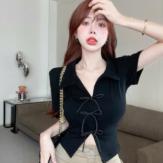Áo thun croptop nữ tay ngắn cổ bẻ thắt nơ chất tăm co giãn 2 màu VANISA CT476