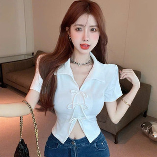 Áo thun croptop nữ tay ngắn cổ bẻ thắt nơ chất tăm co giãn 2 màu VANISA CT476