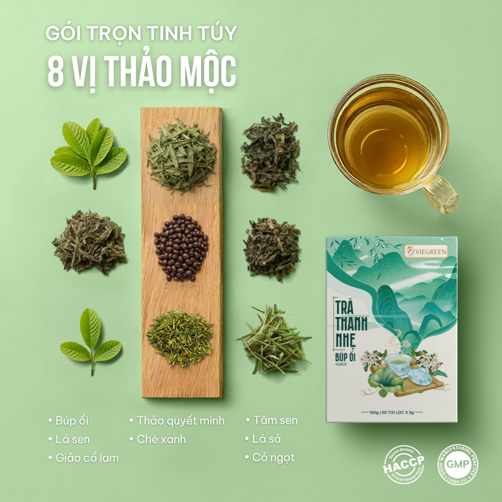 Combo 2 Hộp Trà Túi Lọc Búp Ổi 25% VIEGREEN Thanh Nhẹ 50 Túi x 3g, Lá Sả, Không Đường, GMP HACCP