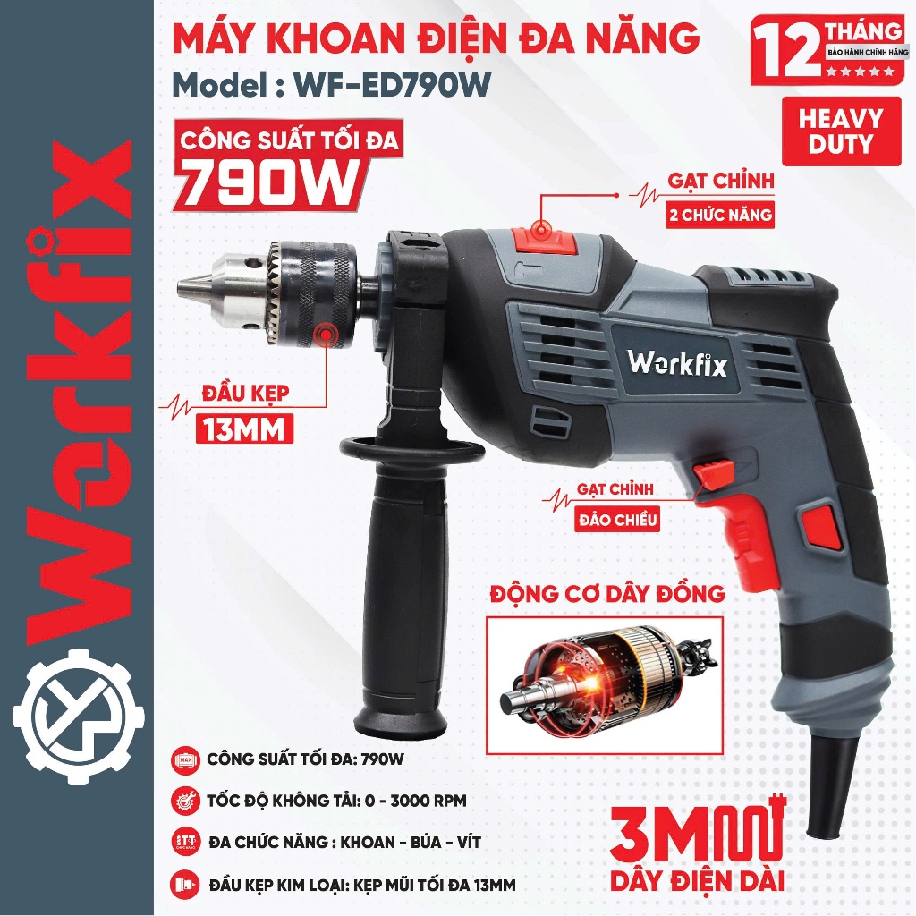 Máy khoan bê tông Điện Workfix WF-ED790W 790W 100% lõi đồng không chổi than Máy khoan 3 chức năng có búa