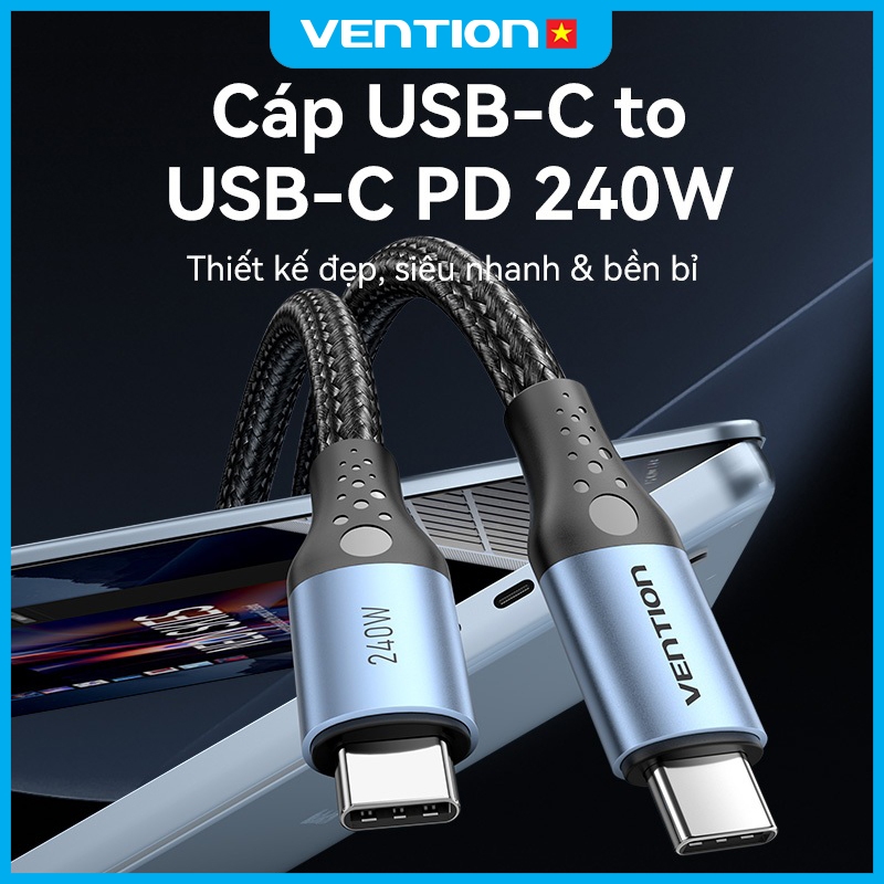 Cáp Sạc Nhanh 240W Vention Type C, Tốc Độ 480Mbps, Dây Dù Bện 4mm Đầu Hợp Kim Nhôm Mạ Niken Bền Chắc
