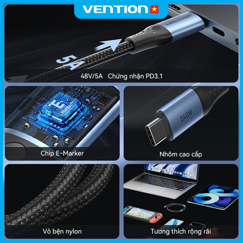 Cáp Sạc Nhanh 240W Vention Type C, Tốc Độ 480Mbps, Dây Dù Bện 4mm Đầu Hợp Kim Nhôm Mạ Niken Bền Chắc