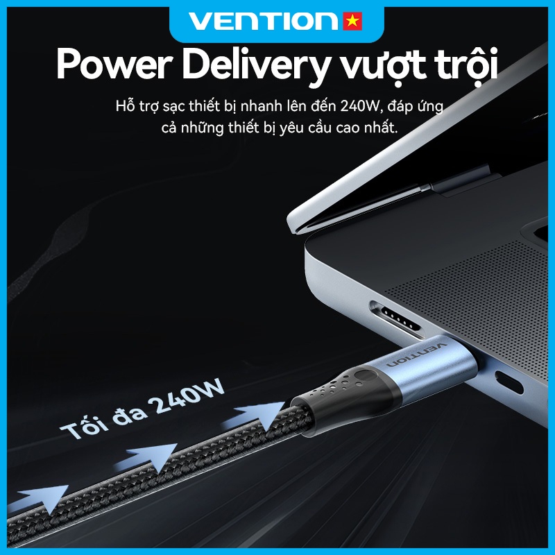 Cáp Sạc Nhanh 240W Vention Type C, Tốc Độ 480Mbps, Dây Dù Bện 4mm Đầu Hợp Kim Nhôm Mạ Niken Bền Chắc