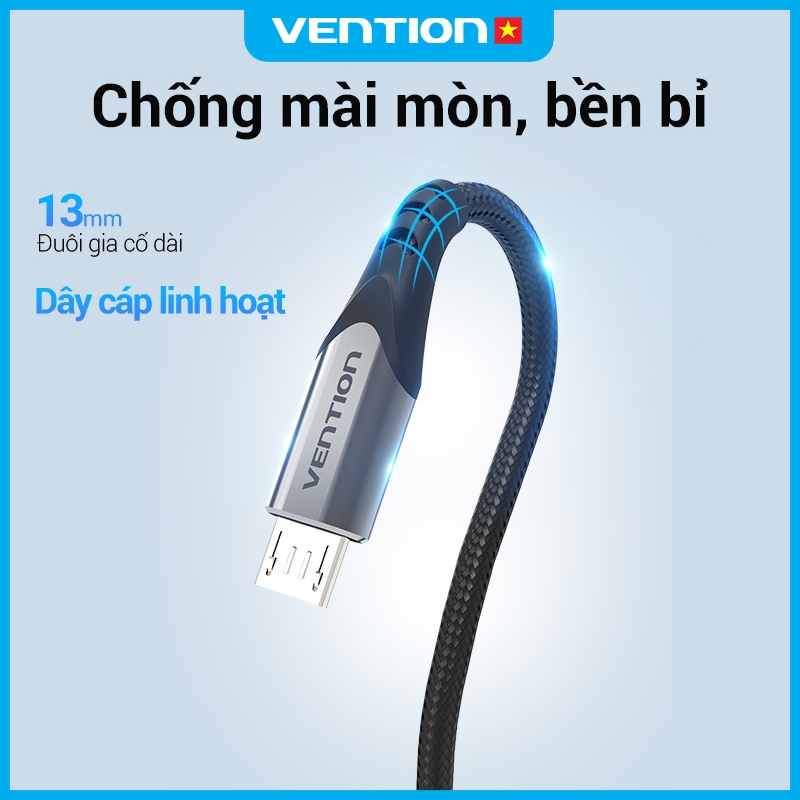 Cáp Sạc Nhanh 60W USB Sang Micro Vention, Tốc Độ Truyền 480Mbps, Dây Bện Dù, Đầu Hợp Kim Nhôm Dùng Cho Samsung, Android