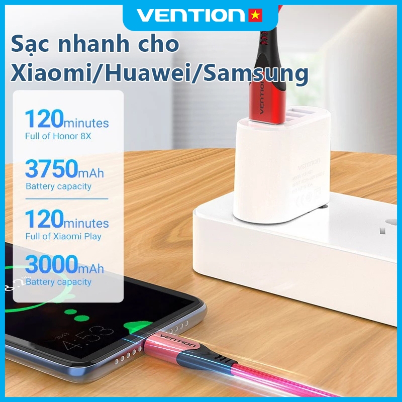 Cáp Sạc Nhanh 60W USB Sang Micro Vention, Tốc Độ Truyền 480Mbps, Dây Bện Dù, Đầu Hợp Kim Nhôm Dùng Cho Samsung, Android