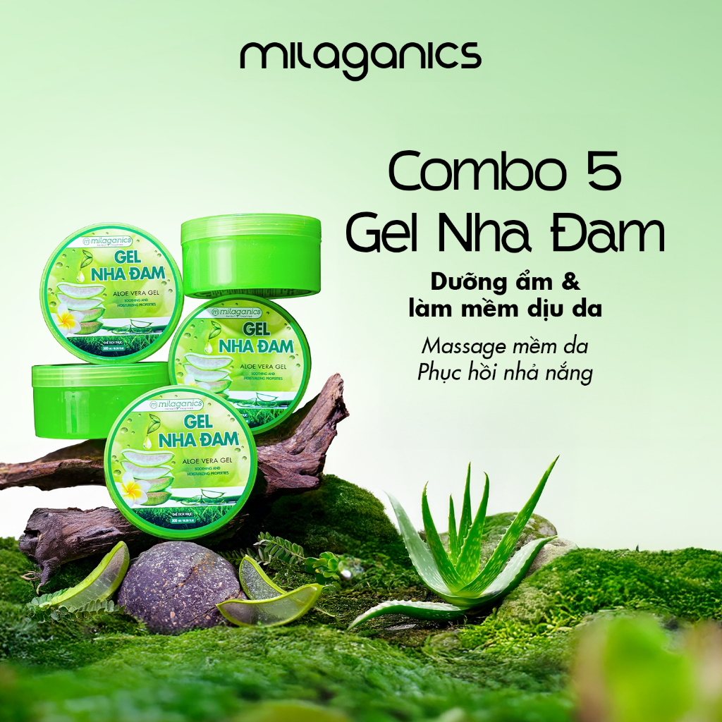Combo tiết kiệm 5 gel nha đam MILAGANICS giúp dưỡng ẩm sáng da, gel nha đam cấp ẩm mềm da