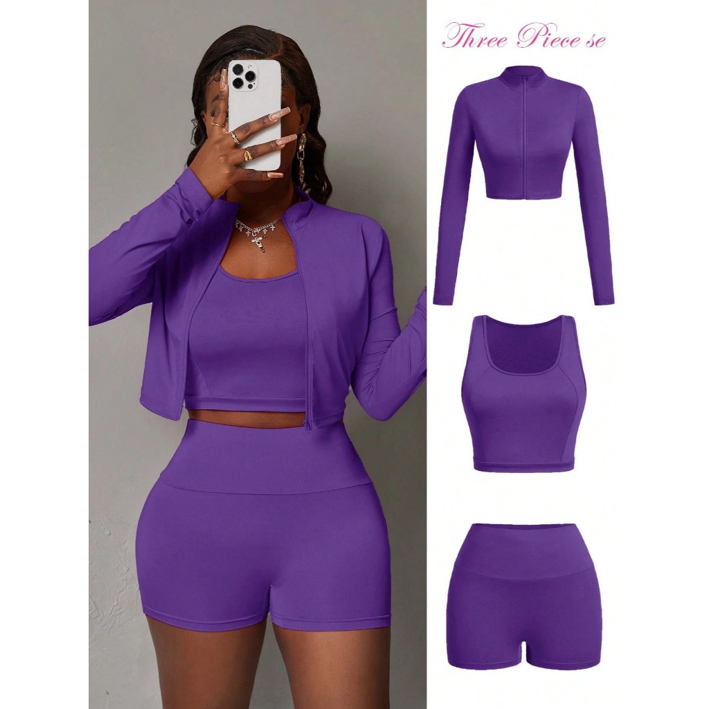 Bộ 3 Món Nữ Co Giãn: Áo Khoác Thun Dài Tay Cổ Đứng, Áo Croptop Sát Nách Và Quần Short Thể Thao YN161