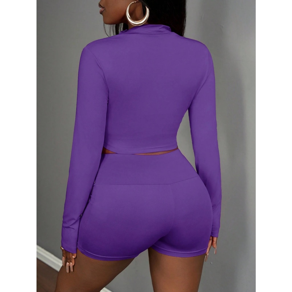 Bộ 3 Món Nữ Co Giãn: Áo Khoác Thun Dài Tay Cổ Đứng, Áo Croptop Sát Nách Và Quần Short Thể Thao YN161