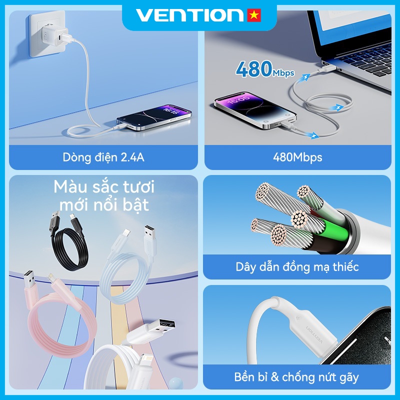 Dây Cáp Sạc Nhanh 18W Vention USB Sang Light, Truyền Tải 480Mbps Đầu Nối Hợp Kim Nhôm Cho Phone 8-14