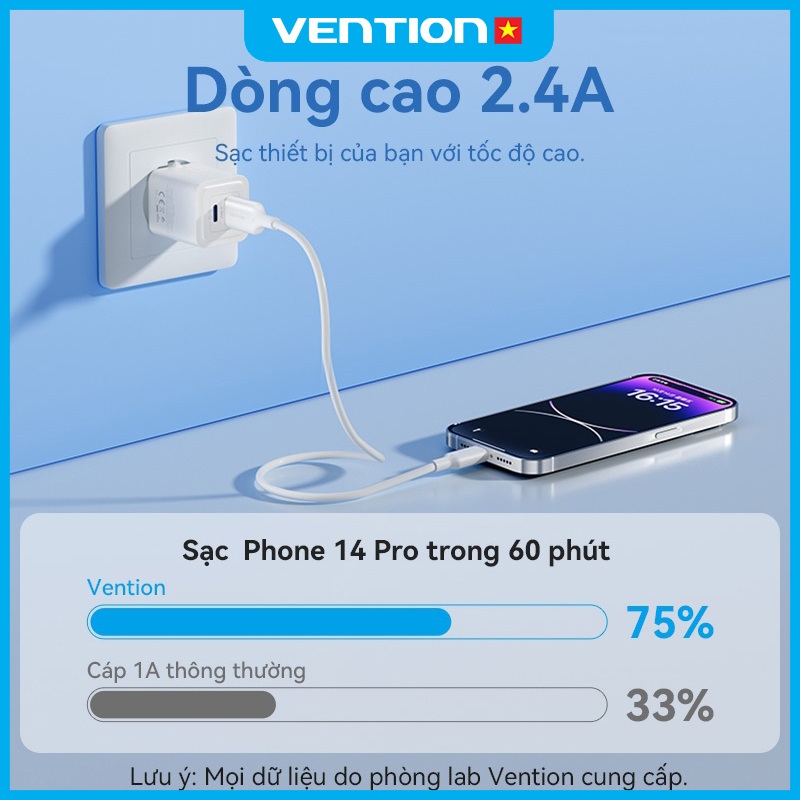 Dây Cáp Sạc Nhanh 18W Vention USB Sang Light, Truyền Tải 480Mbps Đầu Nối Hợp Kim Nhôm Cho Phone 8-14