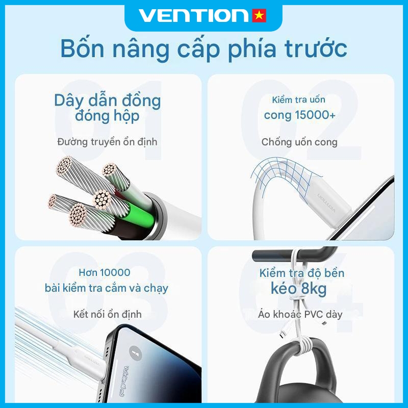 Dây Cáp Sạc Nhanh 18W Vention USB Sang Light, Truyền Tải 480Mbps Đầu Nối Hợp Kim Nhôm Cho Phone 8-14