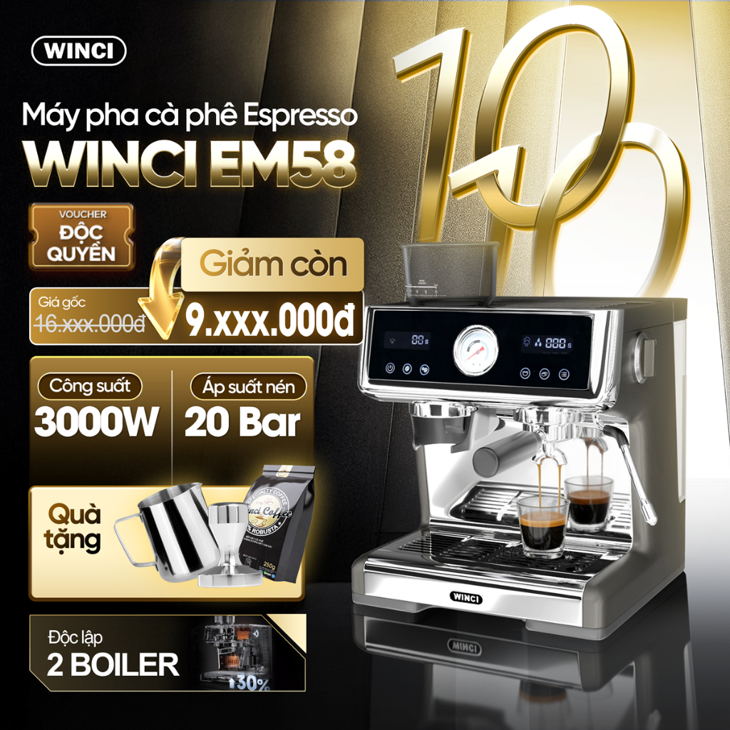 Máy Pha Cà Phê Tự Động Winci EM58, 20 Bar, Pha Espresso, Latte