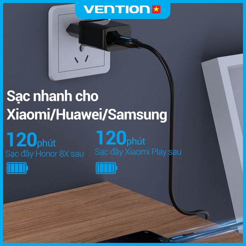 Dây Cáp Sạc Nhanh 60W USB Sang Micro Vention, Truyền Dữ Liệu 480Mbps, Vỏ Bọc PVC Chống Đứt Gãy