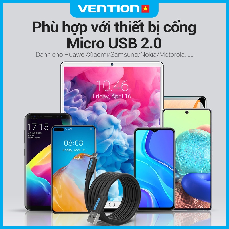 Dây Cáp Sạc Nhanh 60W USB Sang Micro Vention, Truyền Dữ Liệu 480Mbps, Vỏ Bọc PVC Chống Đứt Gãy