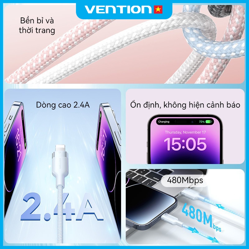 Cáp Sạc Nhanh USB Sang Light 12W Vention, Truyền Dữ Liệu 480Mbps, Dây Bện Dù, Đầu Hợp Kim Nhôm