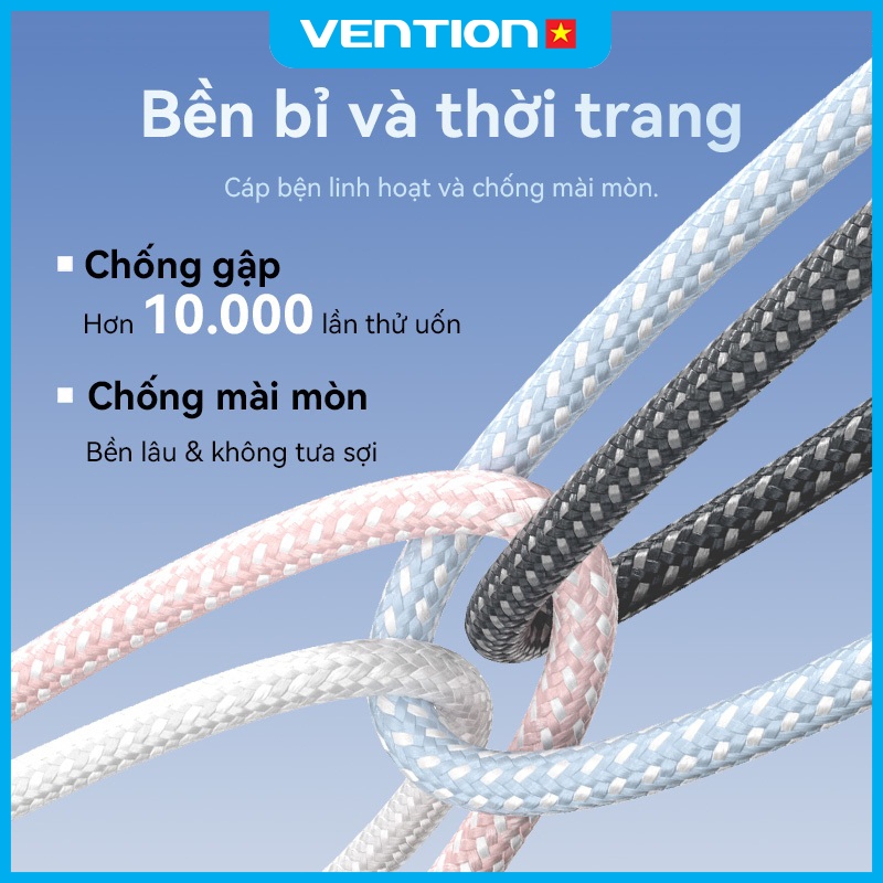 Cáp Sạc Nhanh USB Sang Light 12W Vention, Truyền Dữ Liệu 480Mbps, Dây Bện Dù, Đầu Hợp Kim Nhôm