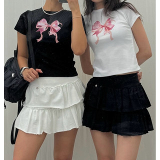 DOUBLE RIBBON SLIM CROP TEE WHITE - PINK ( chính hãng “RONRON” Hàn Quốc)