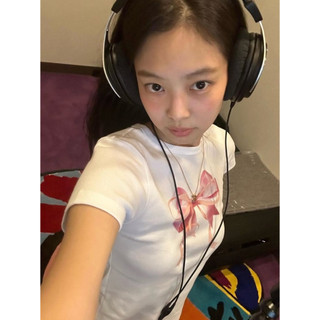 DOUBLE RIBBON SLIM CROP TEE WHITE - PINK ( chính hãng “RONRON” Hàn Quốc)