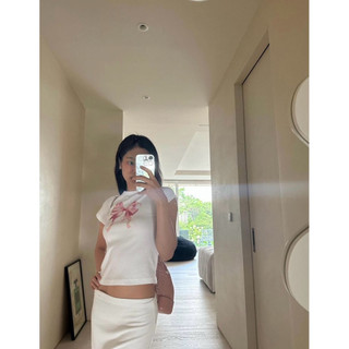 DOUBLE RIBBON SLIM CROP TEE WHITE - PINK ( chính hãng “RONRON” Hàn Quốc)