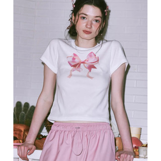 DOUBLE RIBBON SLIM CROP TEE WHITE - PINK ( chính hãng “RONRON” Hàn Quốc)