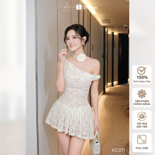 Đầm lệch vai Khiết Style xếp ly ren hoa cotton phối chocker ngọt ngào KD371