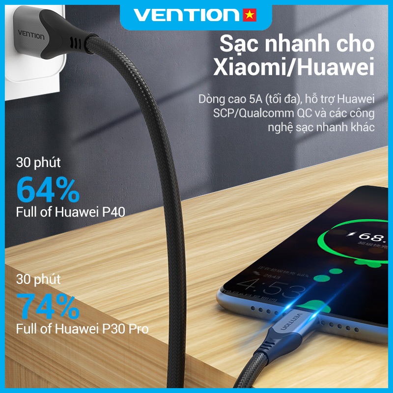 Dây Cáp Sạc Nhanh 60W USB Type-C Vention, Tốc Độ Truyền 480Mbps Cho Huawei Samsung Xiaomi Redmi Dài 1m,1,5m,2m