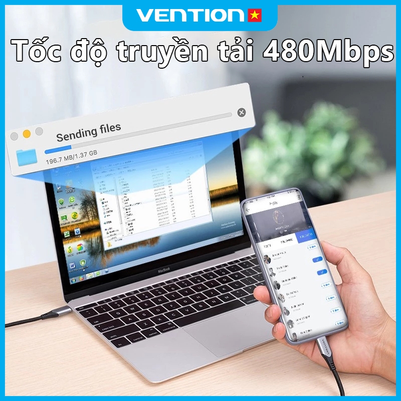 Dây Cáp Sạc Nhanh 60W USB Type-C Vention, Tốc Độ Truyền 480Mbps Cho Huawei Samsung Xiaomi Redmi Dài 1m,1,5m,2m