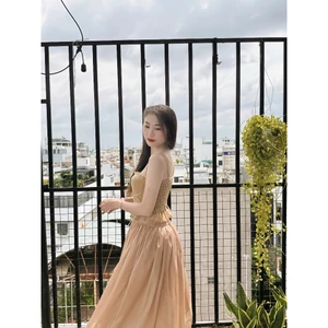 Váy Dự Tiệc Thiết Kế Hai Dây Tafta Phi Phối Ren