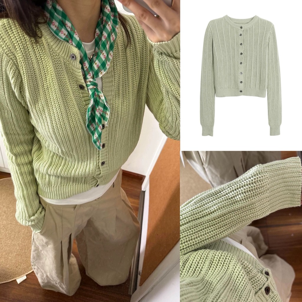 (sẵn)Áo khoác len cardigan khuy cài màu xanh cốm sợi đan cổ tròn dáng vừa CDG008 - Tiktik