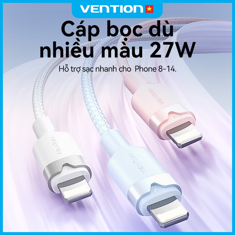 Cáp Sạc Nhanh PD Vention 27W Từ Type C Sang Light, Vỏ Bọc Dù Chống Đứt Gãy, Dùng Cho Phone 8-14