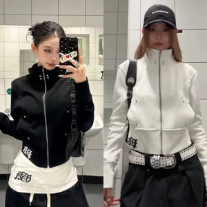 Áo khoác nỉ khoá zip cổ gấu bo chun màu đen trắng hoạ tiết chữ thập sau lưng cá tính AKN002 - Tiktik