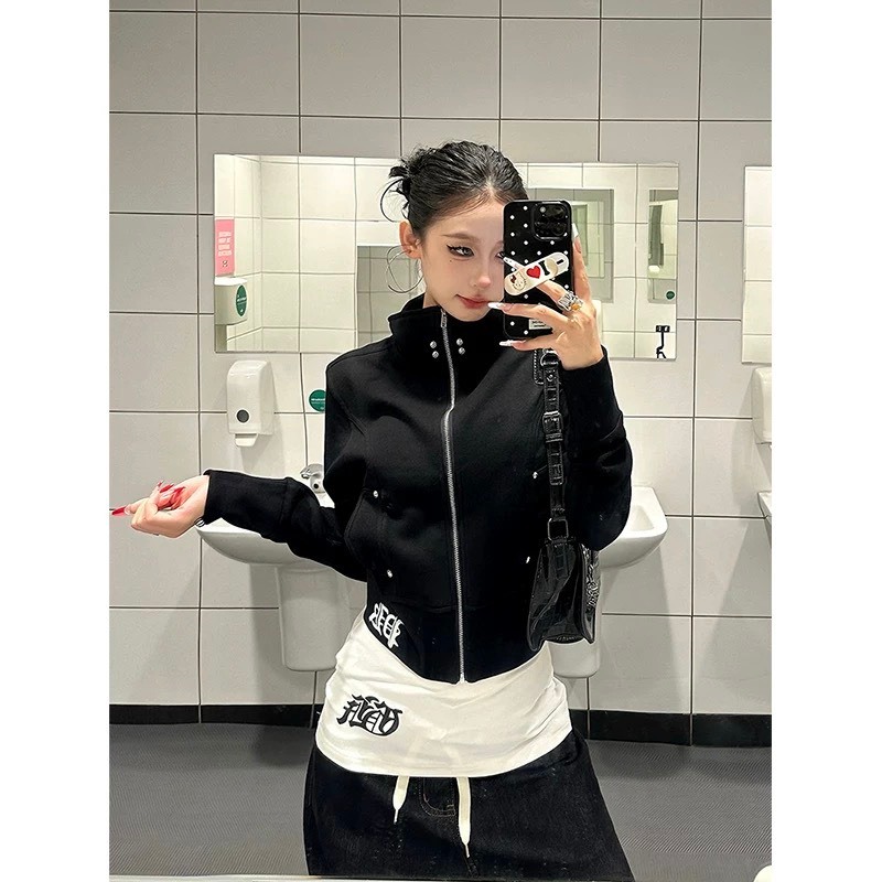 (sẵn)Áo khoác nỉ khoá zip cổ gấu bo chun màu đen trắng hoạ tiết chữ thập sau lưng cá tính AKN002 - Tiktik