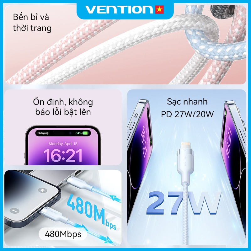 Cáp Sạc Nhanh PD Vention 27W Từ Type C Sang Light, Vỏ Bọc Dù Chống Đứt Gãy, Dùng Cho Phone 8-14