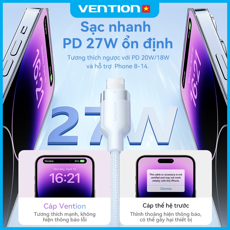 Cáp Sạc Nhanh PD Vention 27W Từ Type C Sang Light, Vỏ Bọc Dù Chống Đứt Gãy, Dùng Cho Phone 8-14