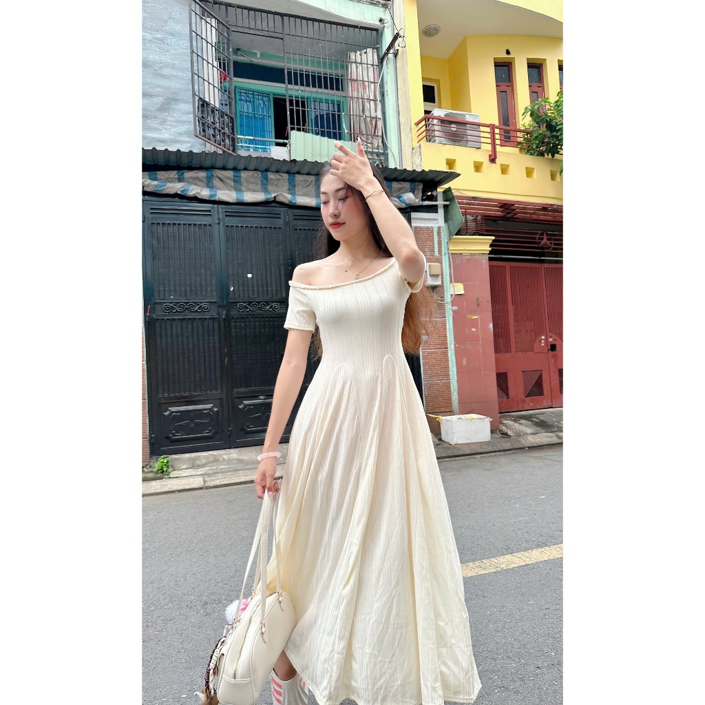 Váy Trễ Vai Chiết Eo Thiết Kế