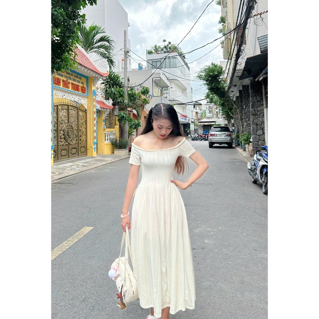Váy Trễ Vai Chiết Eo Thiết Kế