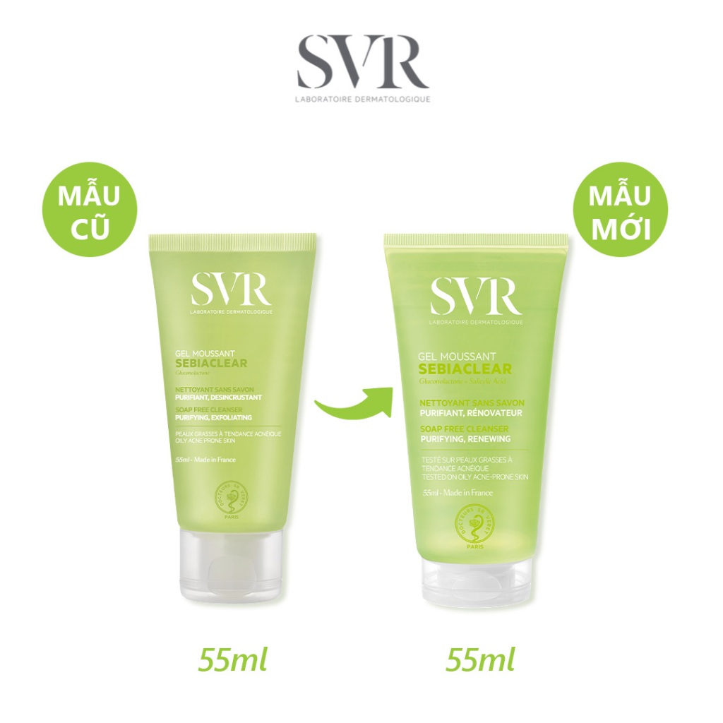 Gel rửa mặt cho da dầu mụn, không chứa xà phòng SVR Sebiaclear Gel Moussant 55ML/400ML chính hãng