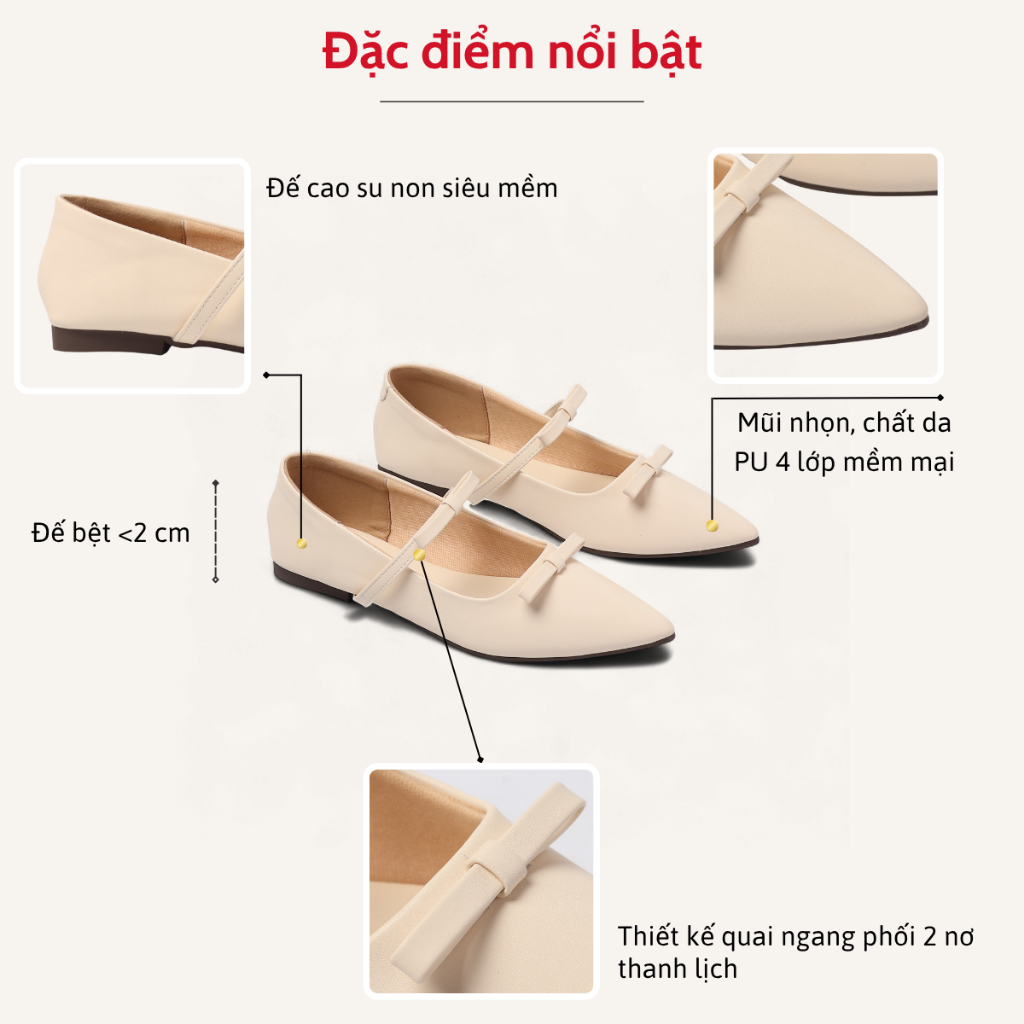 Giày Búp Bê Nữ Đế Bệt Mũi Nhọn Phối 2 Nơ Nữ Tính Thời Trang Pixie H414