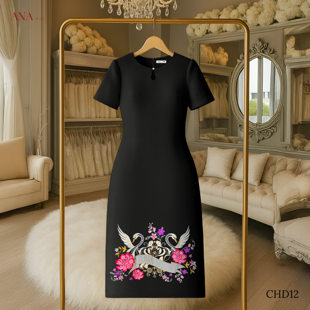 Đầm Thêu Hoa Trung Niên ANA Mode Chất Liệu Dệt Thoi Thanh Lịch Đi Tiệc Quà Tặng Mẹ DM25CHD12